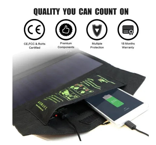 ALLPOWERS black 21W portable solar phone charger with dual USB output and laminated panel