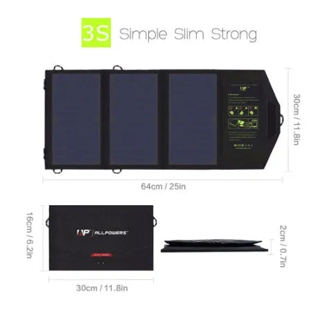 ALLPOWERS black 21W portable solar phone charger with dual USB output and laminated panel