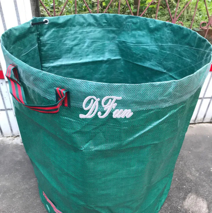Green polypropylene garden leaf bag for collecting fallen leaves and garden waste.