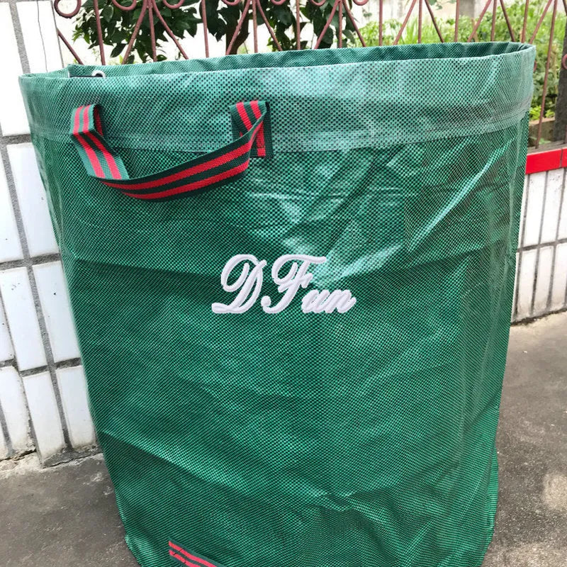 Green polypropylene garden leaf bag for collecting fallen leaves and garden waste.