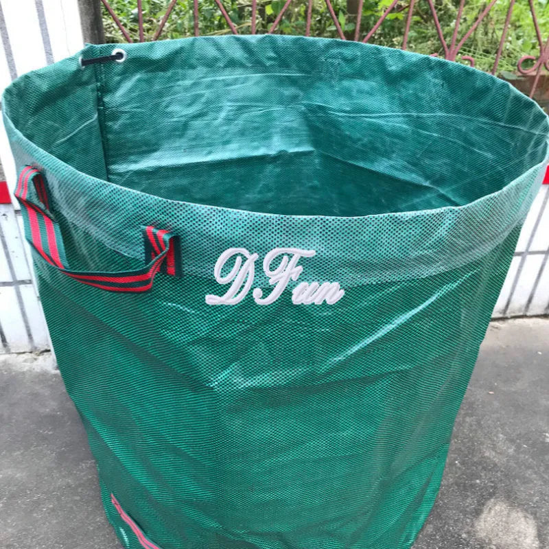 Green polypropylene garden leaf bag for collecting fallen leaves and garden waste.