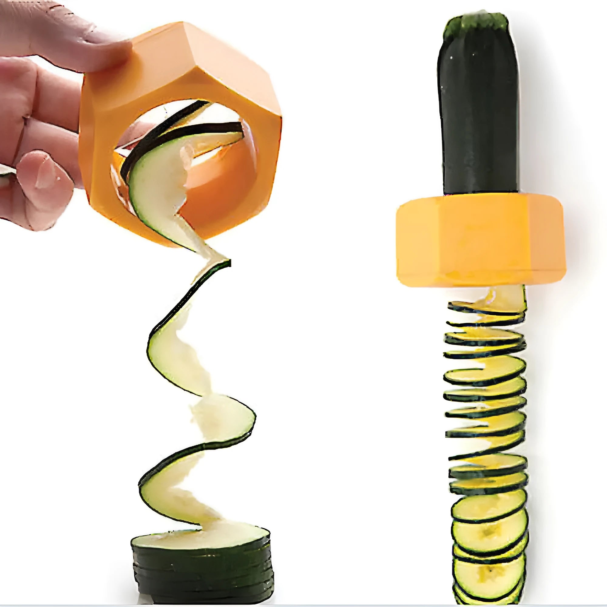 Yellow and green plastic spiral vegetable cutter for kitchen use on a white background.