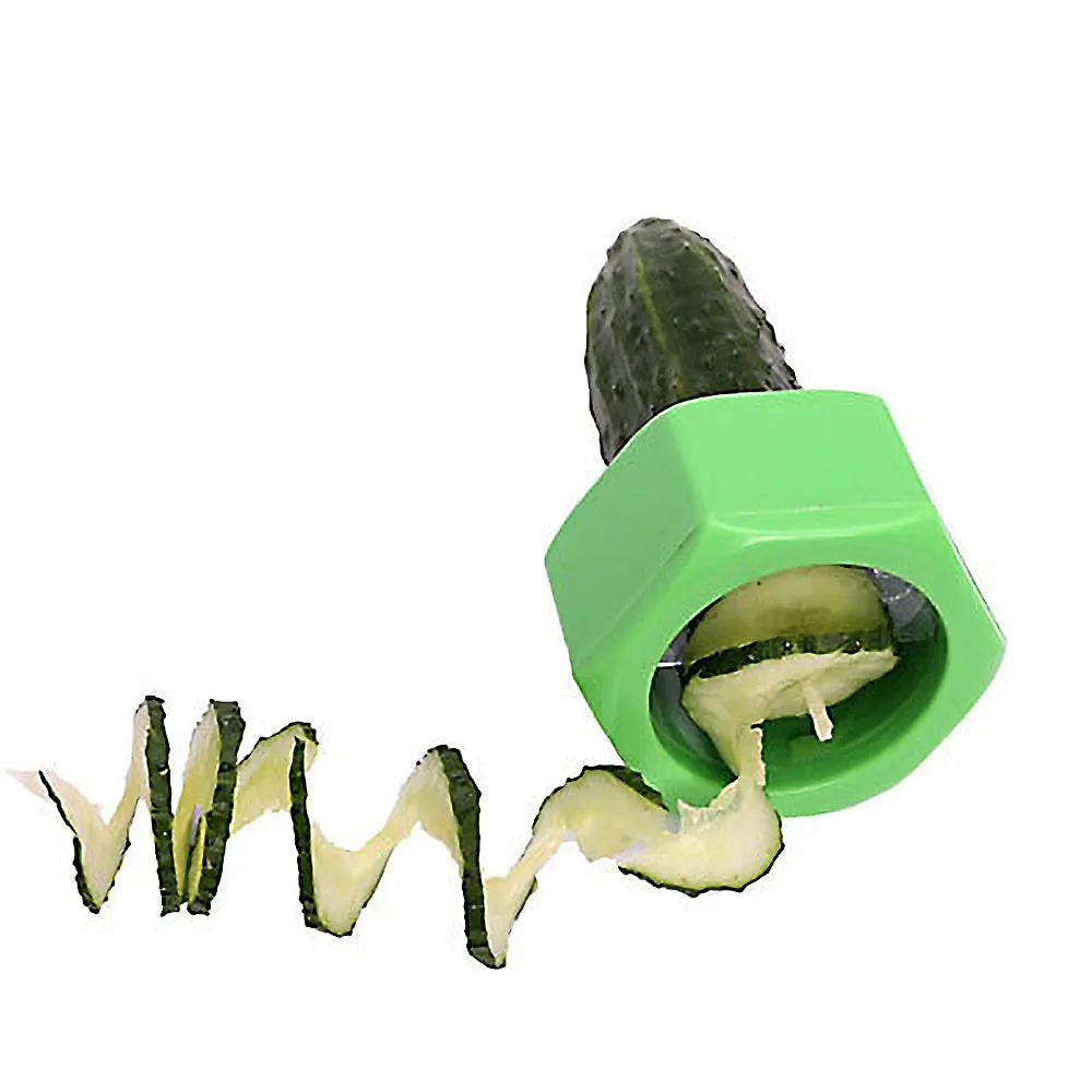 Yellow and green spiral vegetable cutter kitchen tool with food-grade ABS plastic construction.