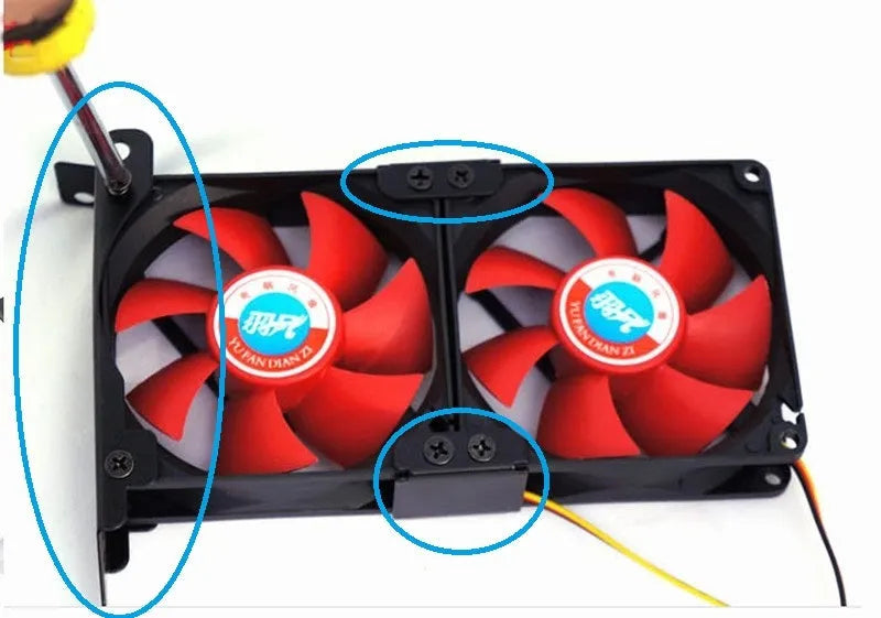 Graphics card cooling fan mounted on an adjustable bracket, compatible with 80mm and 90mm case fans.