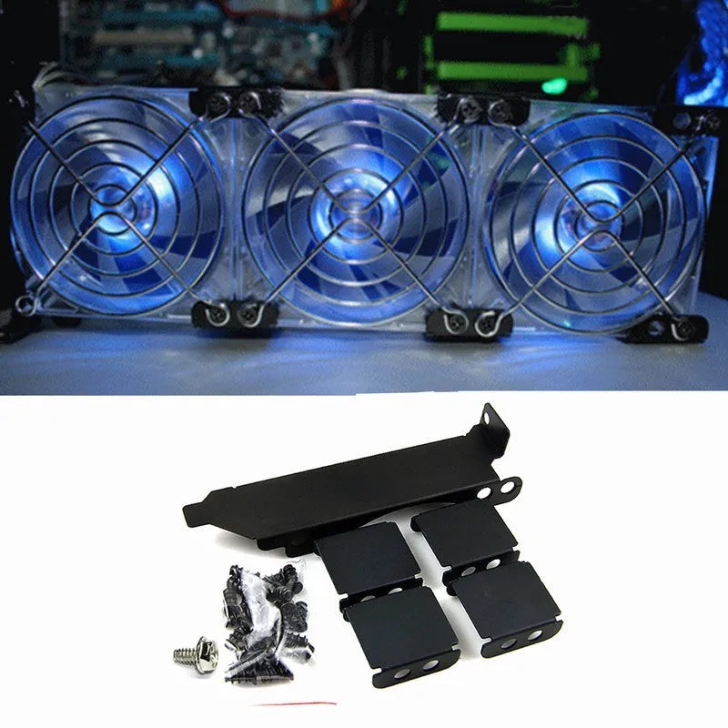 Graphics card cooling fan mounted on an adjustable bracket, compatible with 80mm and 90mm case fans.
