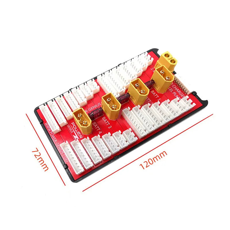 Red parallel charging board with gold connectors, silicone wires, and safety caps for charging multiple LiPo batteries.