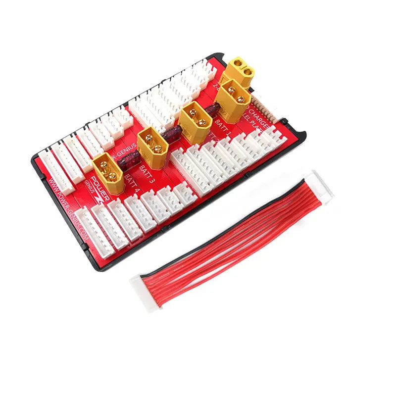 Red parallel charging board with gold connectors, silicone wires, and safety caps for charging multiple LiPo batteries.