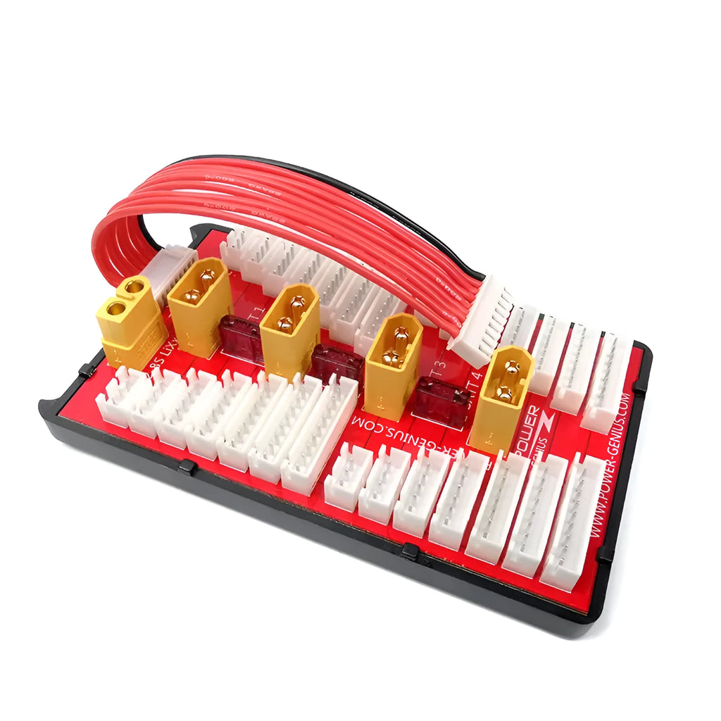 Red parallel charging board with gold connectors, silicone wires, and safety caps for charging multiple LiPo batteries.