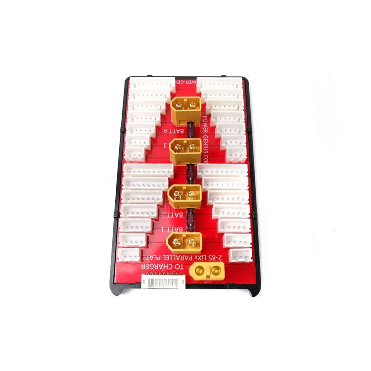Red parallel charging board with gold connectors, silicone wires, and safety caps for charging multiple LiPo batteries.