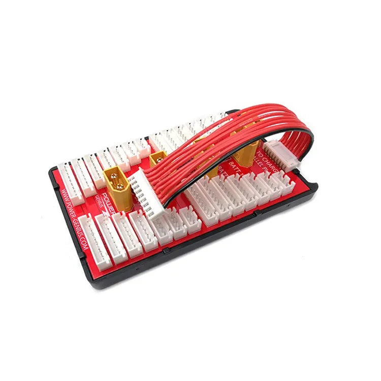 Red parallel charging board with gold connectors, silicone wires, and safety caps for charging multiple LiPo batteries.