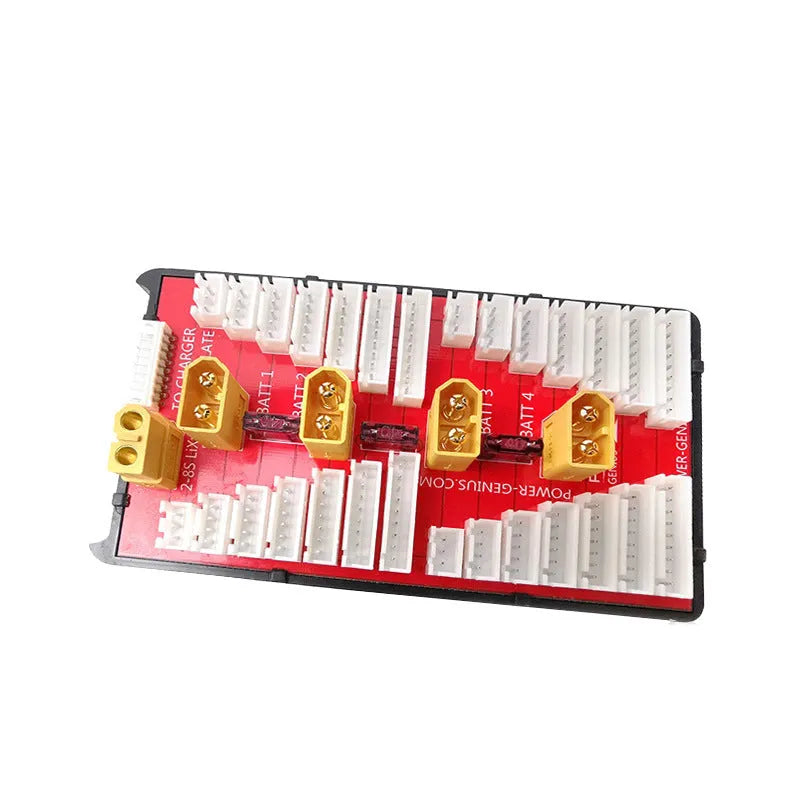 Red parallel charging board with gold connectors, silicone wires, and safety caps for charging multiple LiPo batteries.