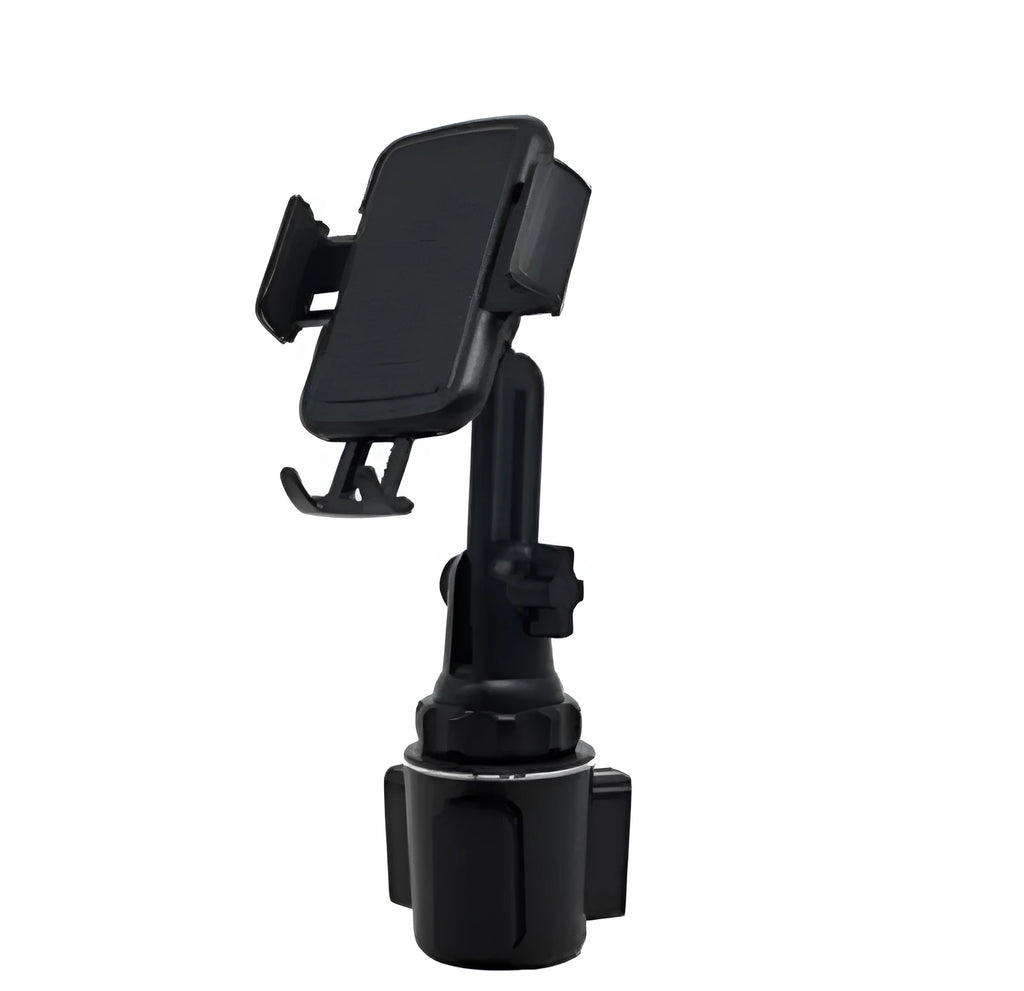Black ABS car phone holder with 360-degree rotating head and adjustable height arm.