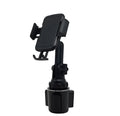 Black ABS car phone holder with 360-degree rotating head and adjustable height arm.