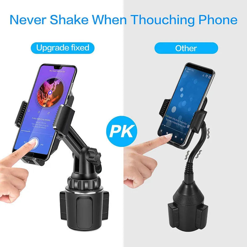 Black ABS car phone holder with 360-degree rotating head and adjustable height arm.