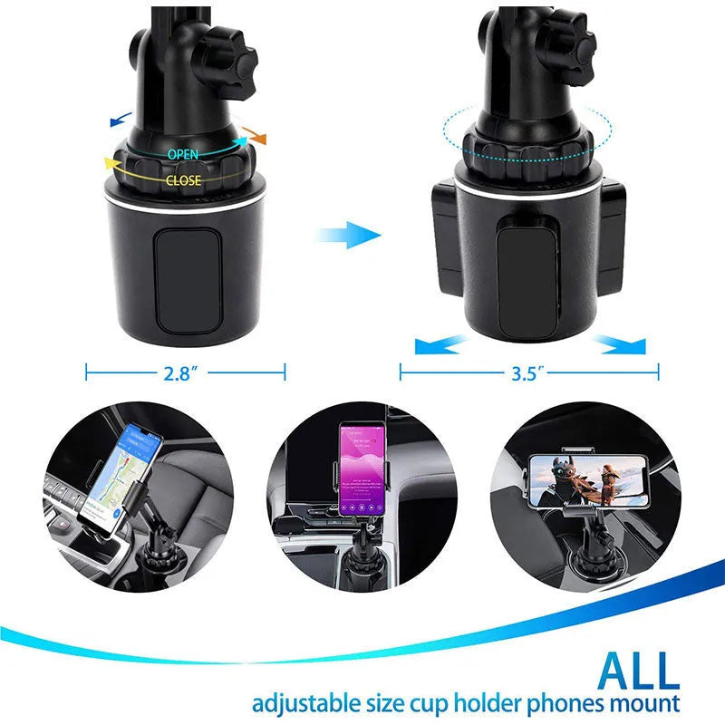 Black ABS car phone holder with 360-degree rotating head and adjustable height arm.