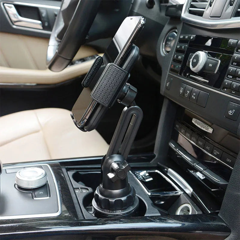 Black ABS car phone holder with 360-degree rotating head and adjustable height arm.