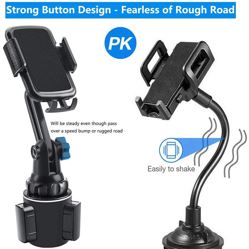 Black ABS car phone holder with 360-degree rotating head and adjustable height arm.