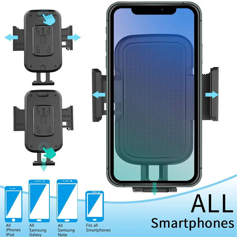 Black ABS car phone holder with 360-degree rotating head and adjustable height arm.