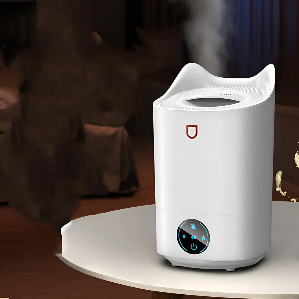 USB-powered double spray humidifier with large water tank in coral pink or white colour.