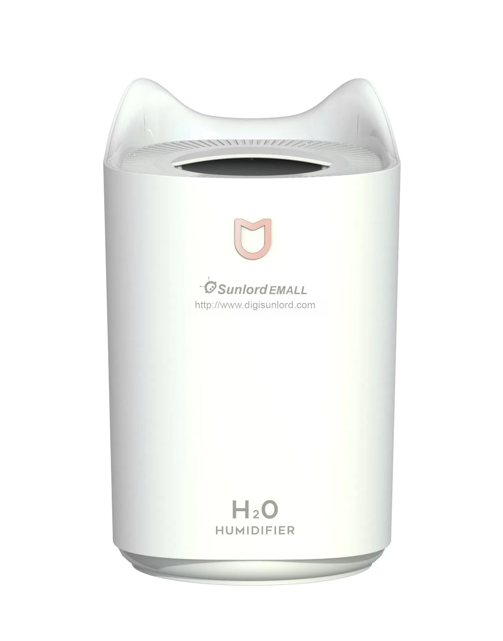 USB-powered double spray humidifier with large water tank in coral pink or white colour.