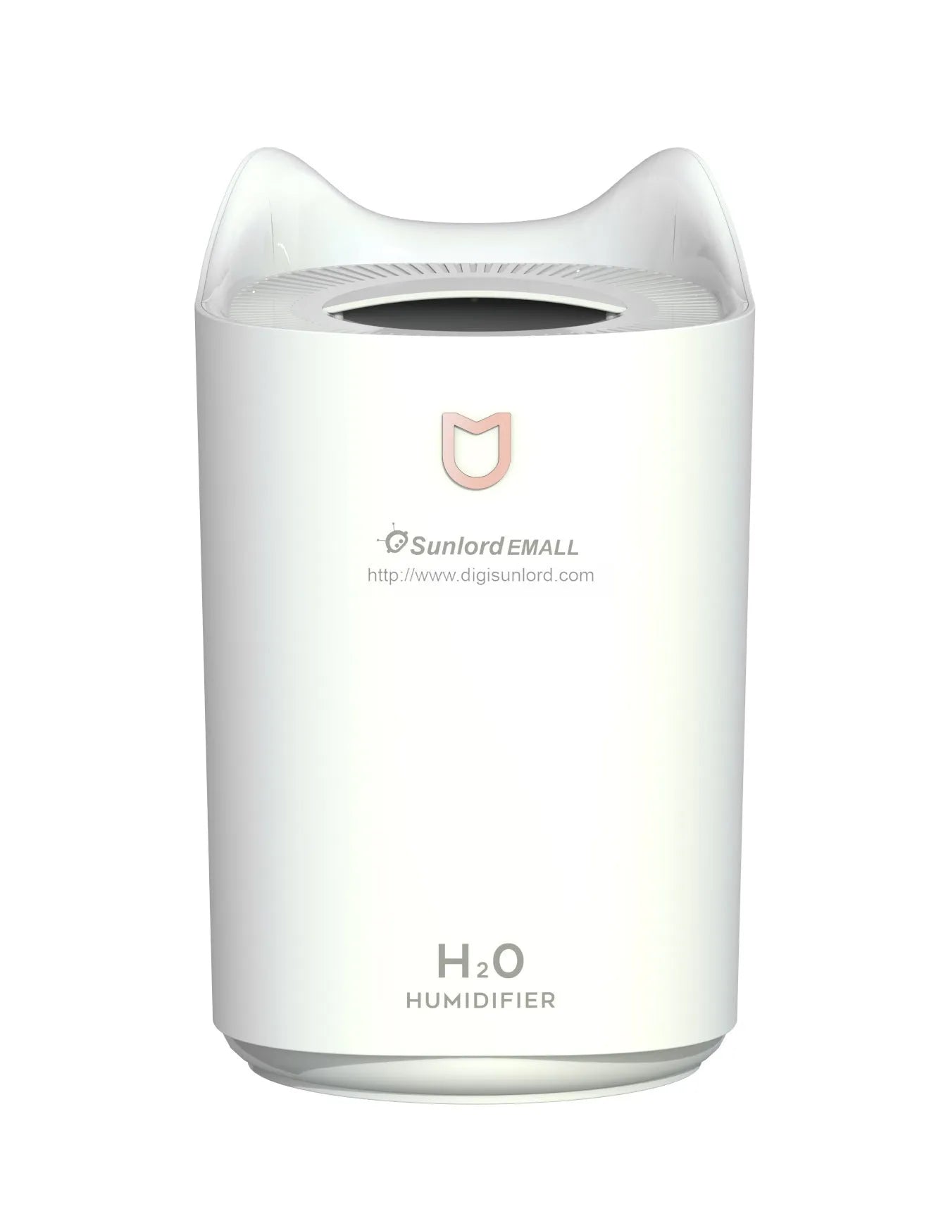 USB-powered double spray humidifier with large water tank in coral pink or white colour.