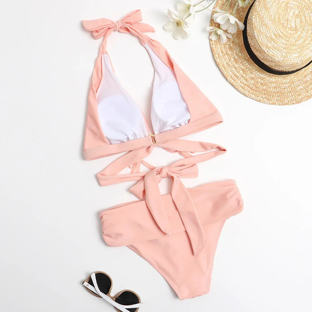 High waist bikini split swimsuit with chest pad in black, pink, or white, polyester spandex swimwear sizes S to XL