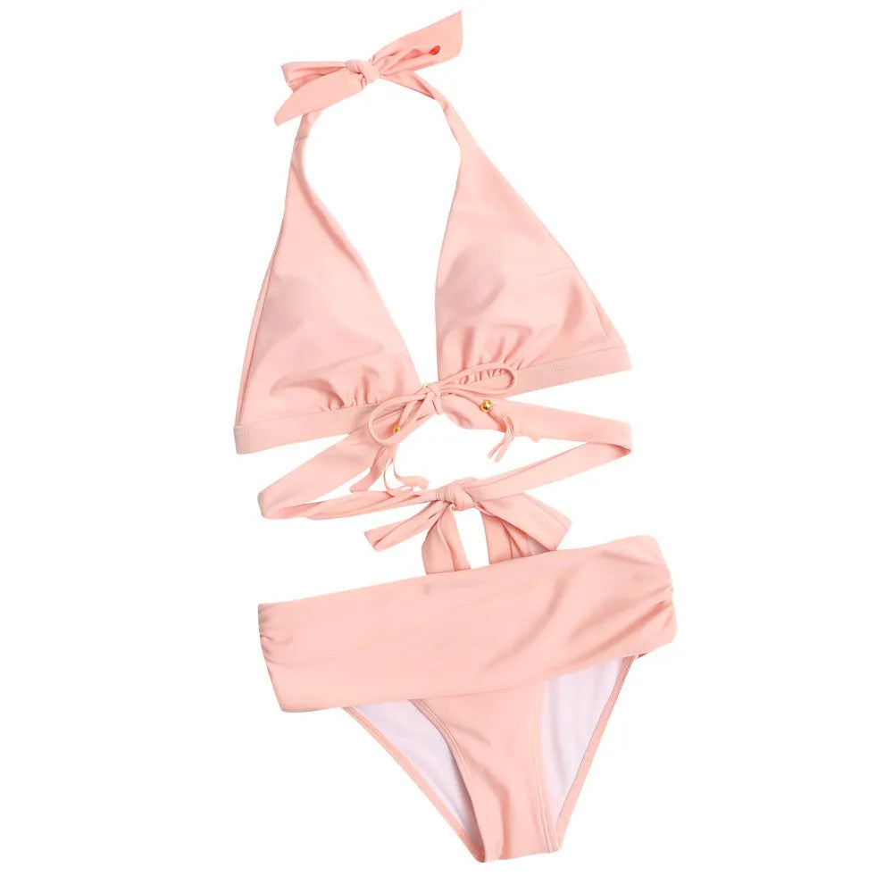 High waist bikini split swimsuit with chest pad in black, pink, or white, polyester spandex swimwear sizes S to XL