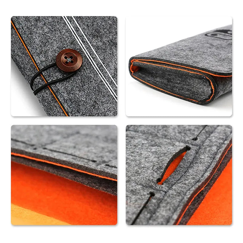 Black felt Nintendo Switch carrying pouch with game card slots and accessory compartments