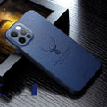 Square frame leather texture protective case for iPhone on a table, showing black colour option.