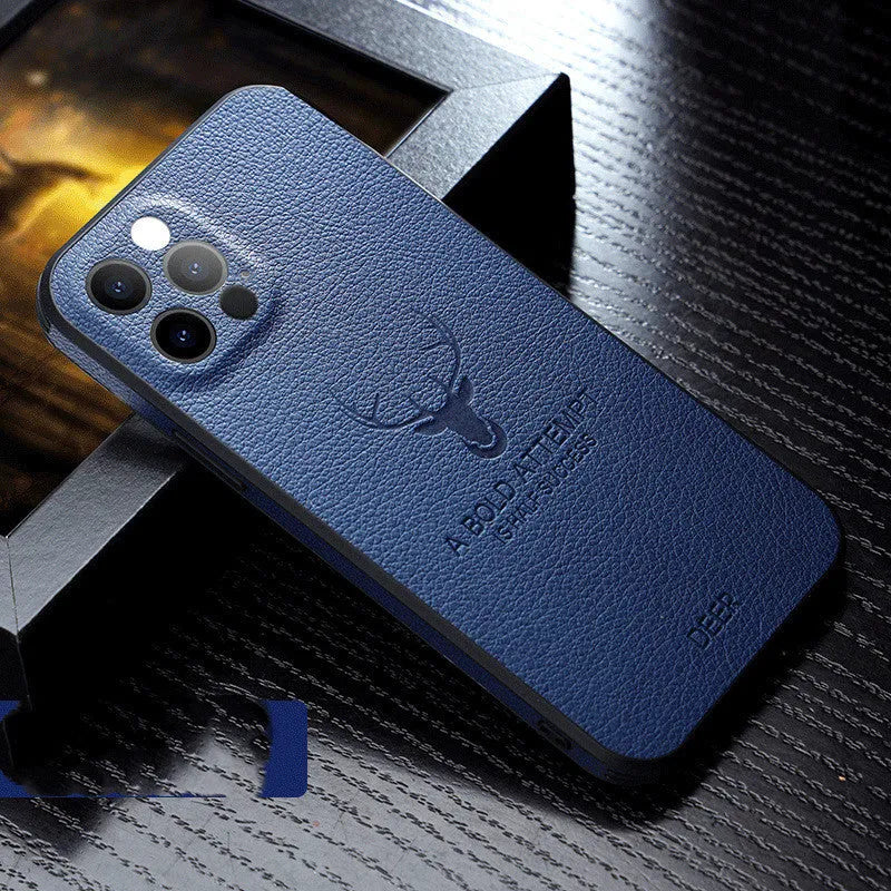 Square frame leather texture protective case for iPhone on a table, showing black colour option.