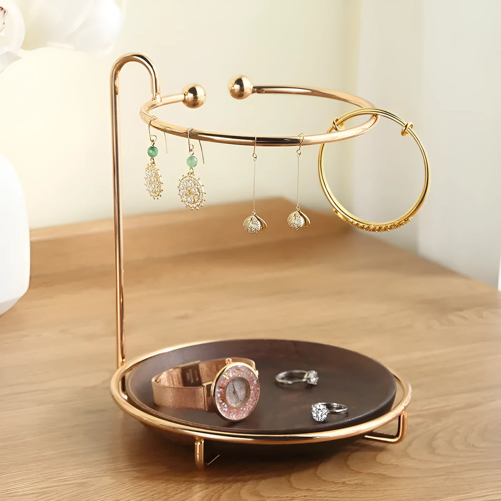 Walnut wood key rack and jewellery storage tray with electroplated iron fittings