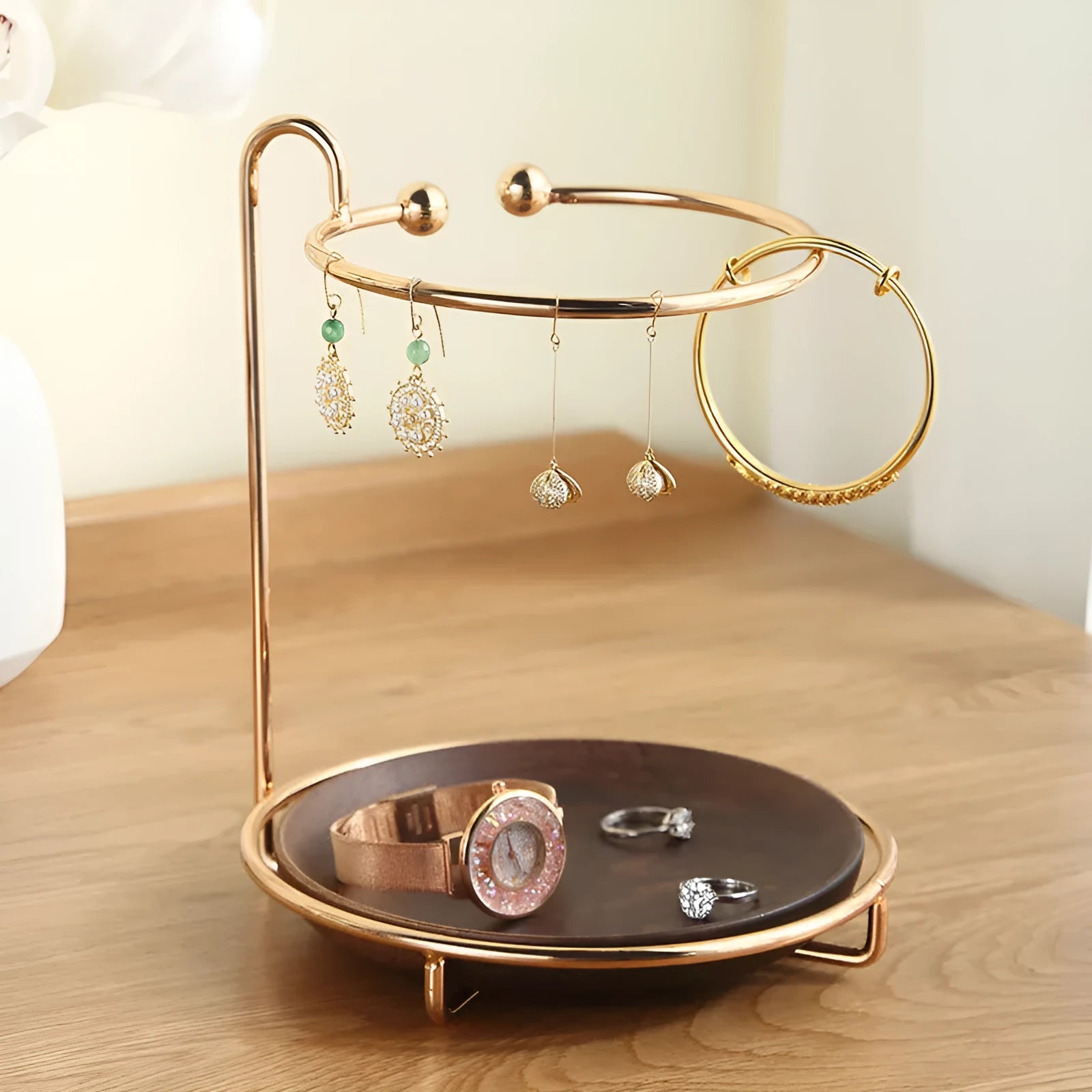 Walnut wood key rack and jewellery storage tray with electroplated iron fittings