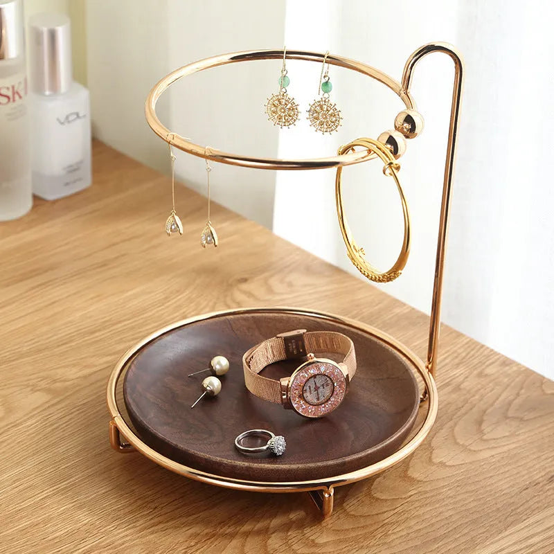 Walnut wood key rack and jewellery storage tray with electroplated iron fittings