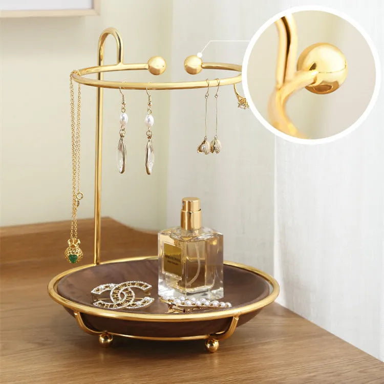 Walnut wood key rack and jewellery storage tray with electroplated iron fittings