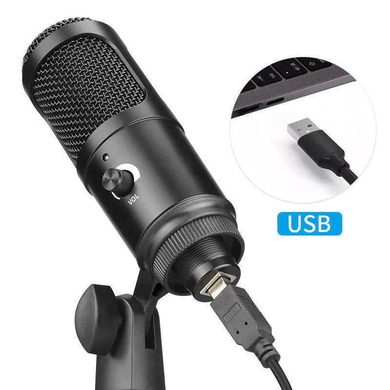 Black USB condenser microphone with mounting bracket for computer gaming and home recording