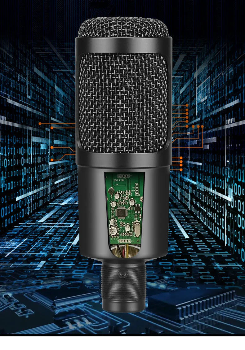 Black USB condenser microphone with mounting bracket for computer gaming and home recording