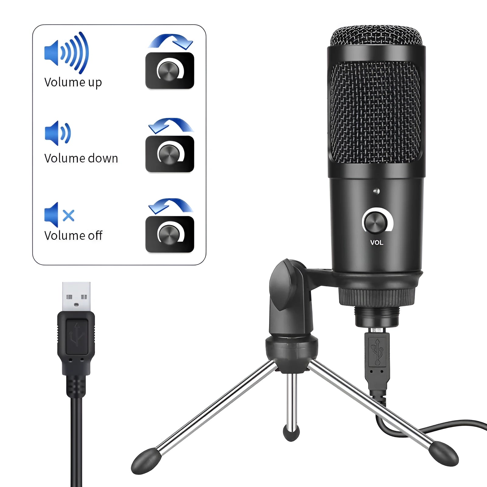 Black USB condenser microphone with mounting bracket for computer gaming and home recording