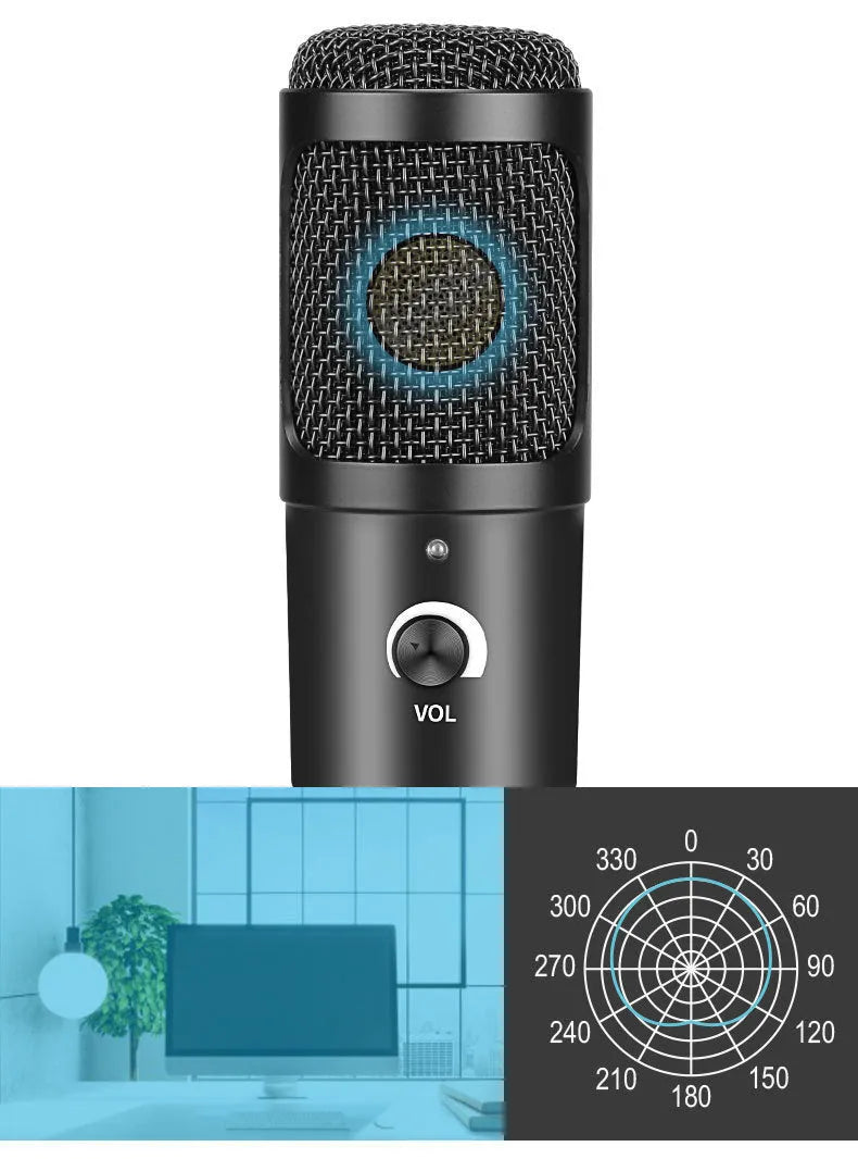 Black USB condenser microphone with mounting bracket for computer gaming and home recording
