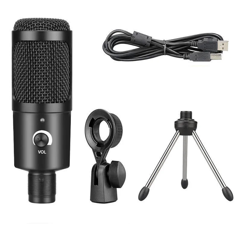 Black USB condenser microphone with mounting bracket for computer gaming and home recording