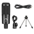 Black USB condenser microphone with mounting bracket for computer gaming and home recording