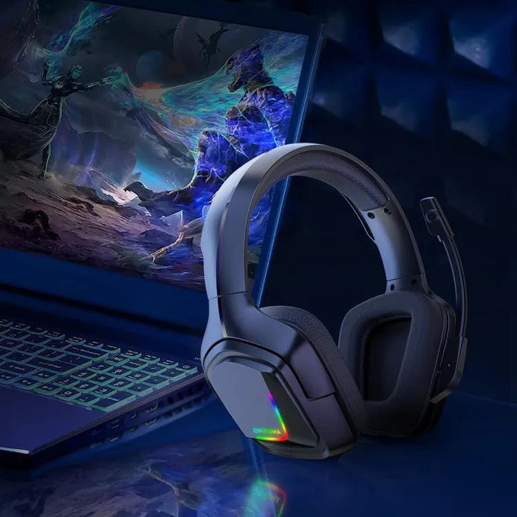 Head On black wired gaming headset with 40mm drivers and in-line microphone on a desk