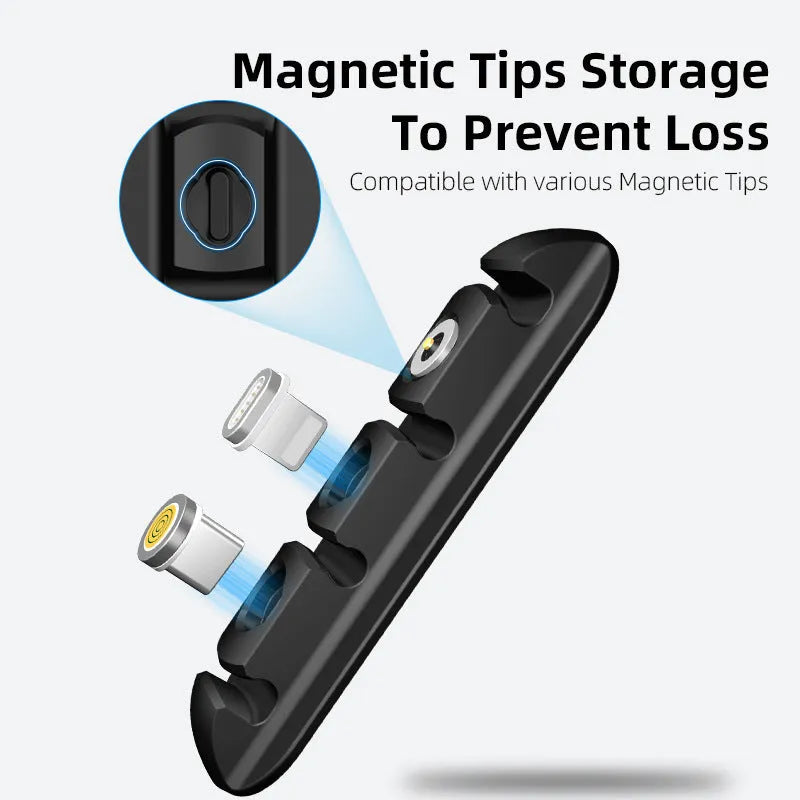 Black soft plastic desktop charging cable organiser with magnetic holder and phone stand function
