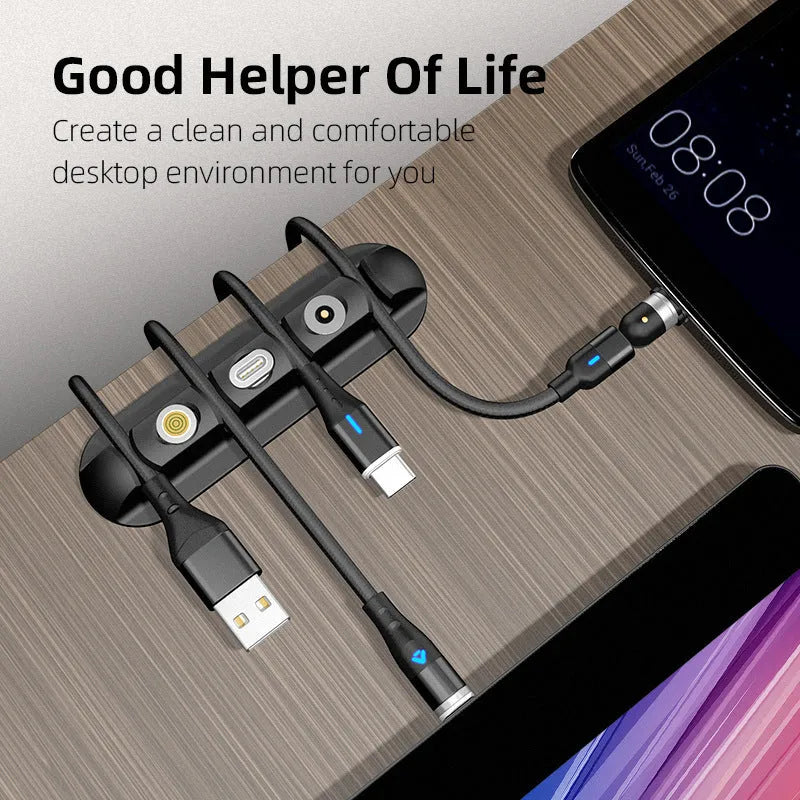 Black soft plastic desktop charging cable organiser with magnetic holder and phone stand function
