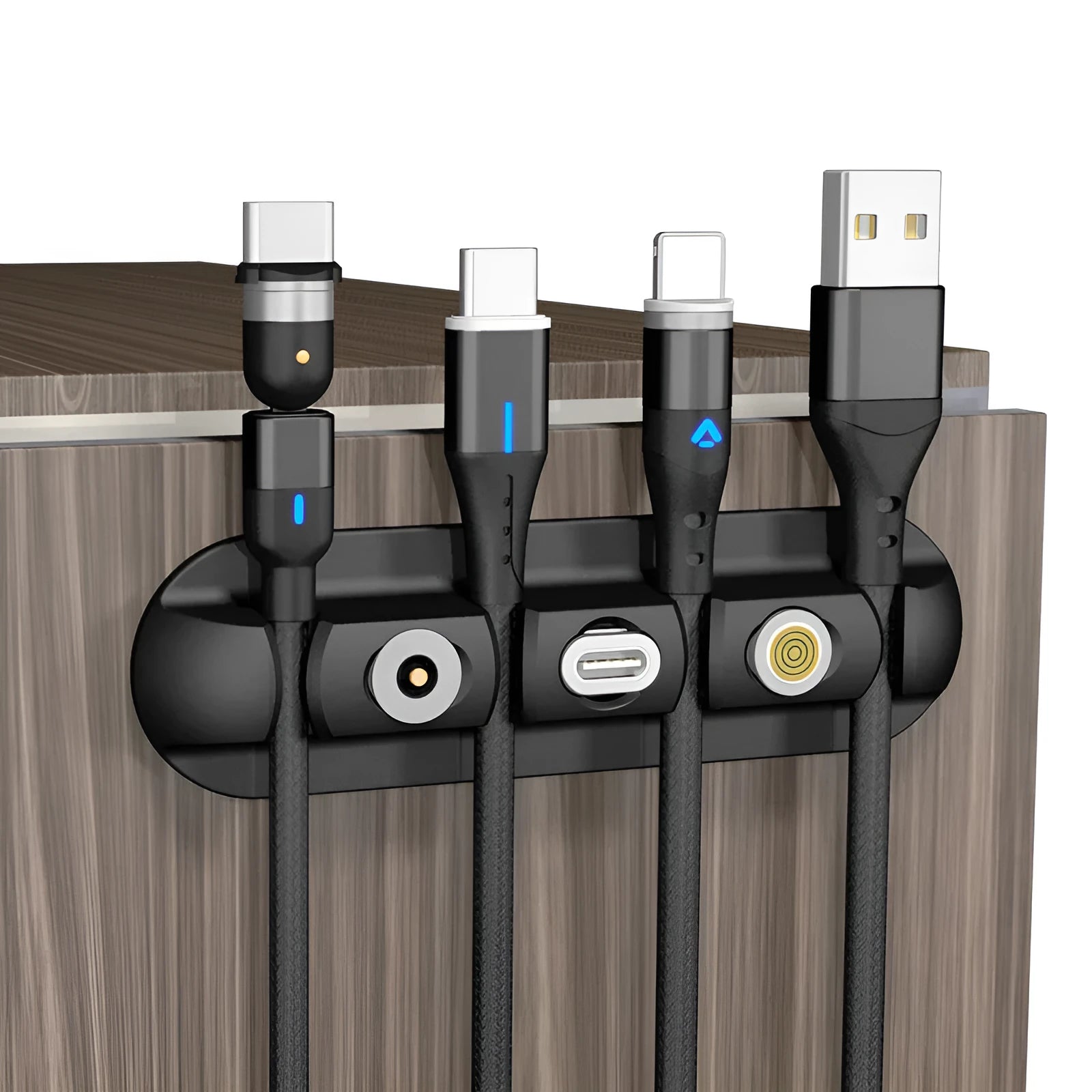 Black soft plastic desktop charging cable organiser with magnetic holder and phone stand function