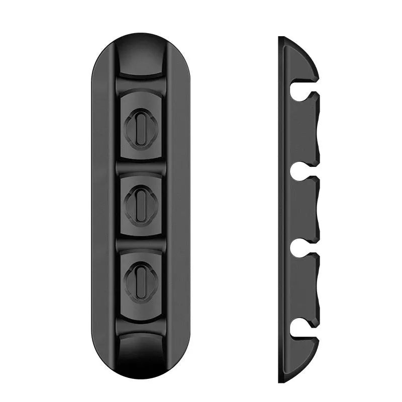 Black soft plastic desktop charging cable organiser with magnetic holder and phone stand function