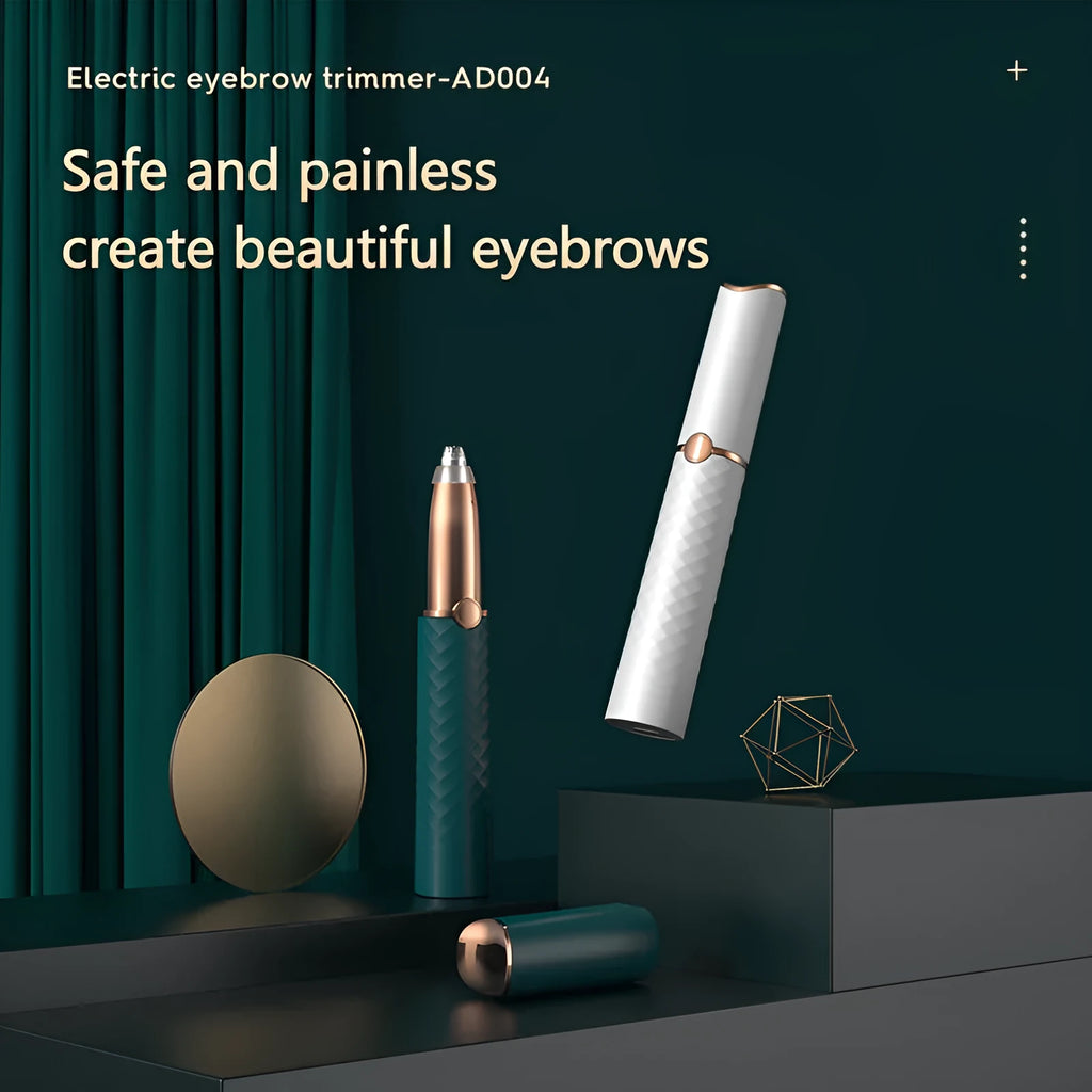 White electric eyebrow trimmer with stainless steel blades and LED light, 12.2 cm portable size