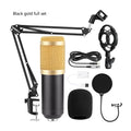 BM800 condenser microphone with black finish on a cantilever desk stand next to a V8 USB sound card and pop filter.