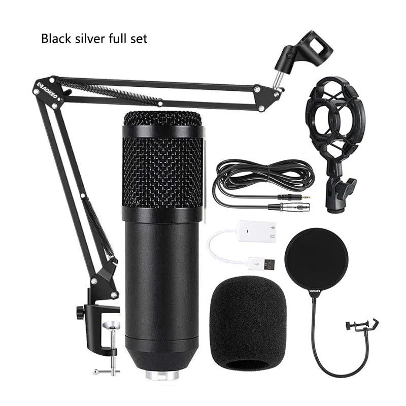 BM800 condenser microphone with black finish on a cantilever desk stand next to a V8 USB sound card and pop filter.