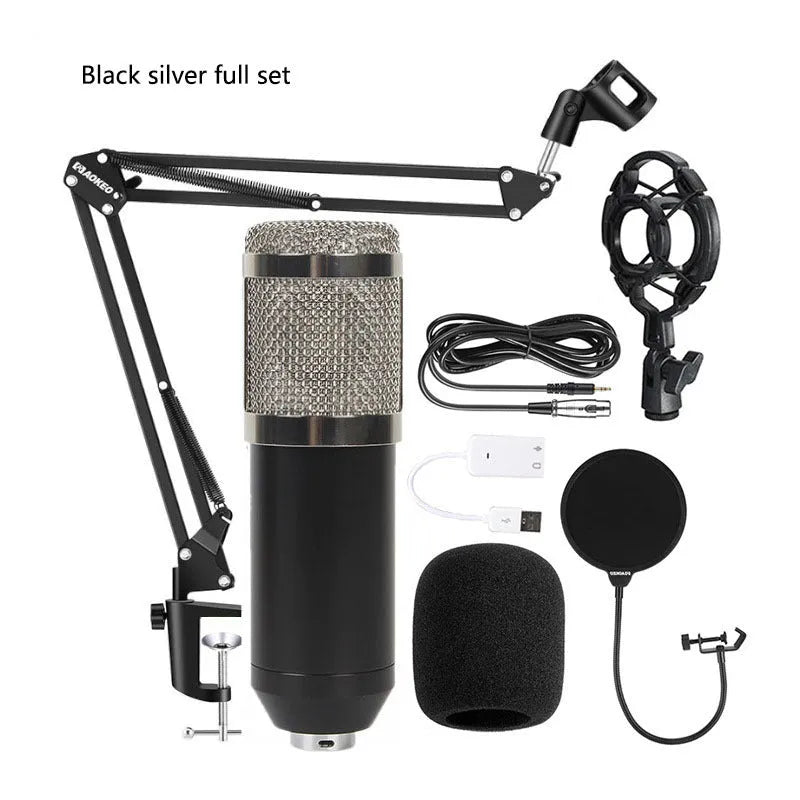 BM800 condenser microphone with black finish on a cantilever desk stand next to a V8 USB sound card and pop filter.
