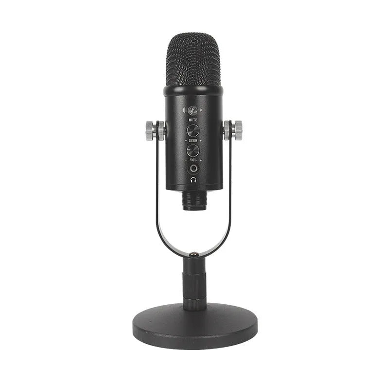 Black USB condenser microphone on a metal base with a sponge cover, for desktop and mobile recording.